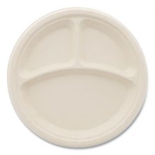 Bagasse PFAS-Free Dinnerware, Plate, 10" dia, 3-Compartment, White, 500/Carton