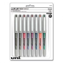 VISION Needle Roller Ball Pen, Stick, Fine 0.7 mm, Assorted Ink Colors, Silver Barrel, 8/Pack