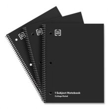 One-Subject Notebook, Medium/College Rule, Black Cover, 11 x 8.5, 70 Sheets, 3/Pack