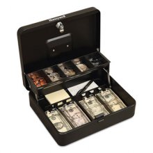 Tiered CantiDoor Lever Cash Box, 4 Bill, 5 Coin Slots, Key Lock, 11.9 x 9.7 x 3.5, Steel, Black